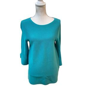 Talbots green ribbed cotton blend sweater bell sleeve tie side slits size small